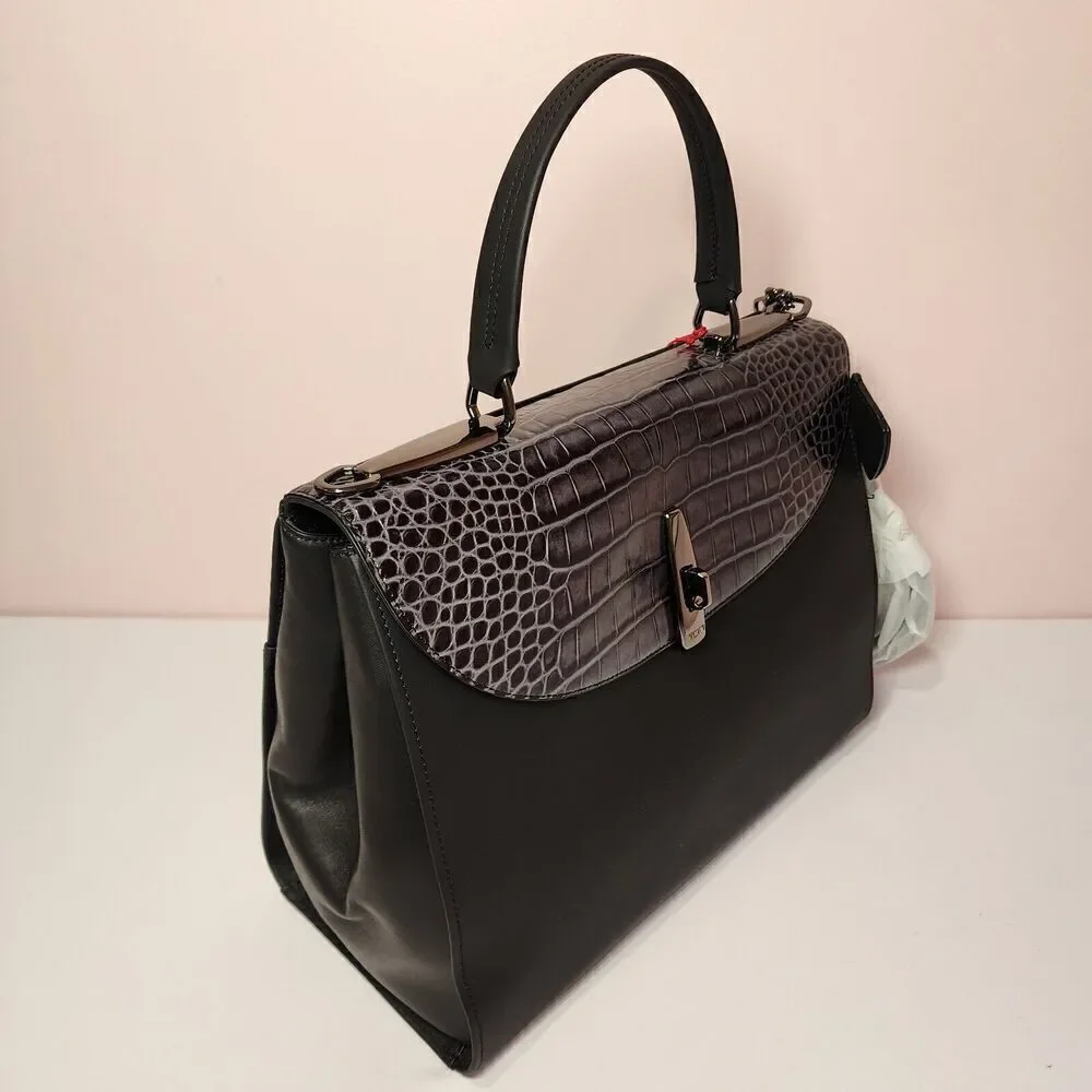 NWT Tumi Mezzanine RIVERA Crocodile Embossed Leather Satchel GREY